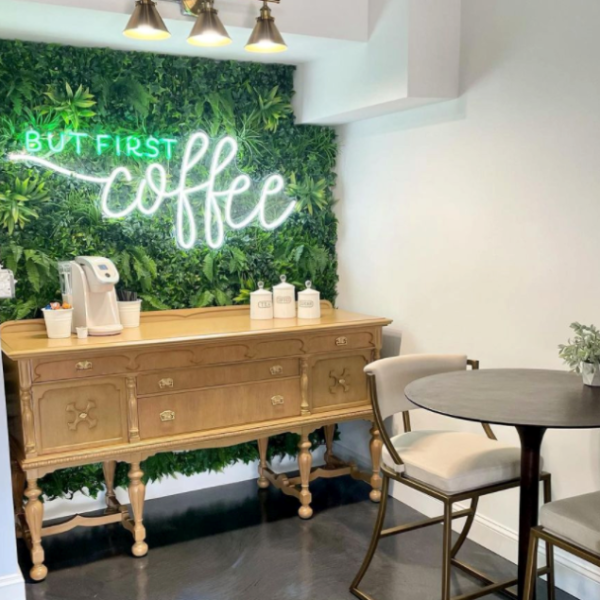 But First Coffee green & white light-up wall art styled on a green wall above coffee station - designed & made by Custom Neon®