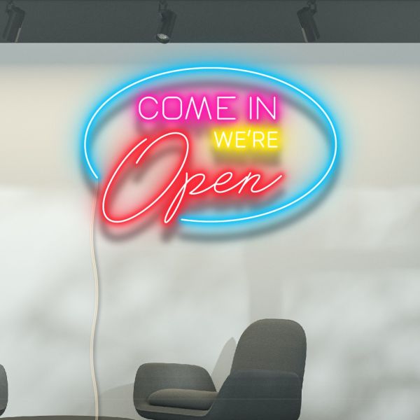 Come In We're Open LED Neon Flex sign in multiple colours and fonts - from CustomNeon.com.au
