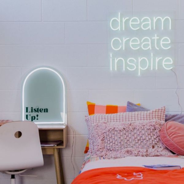 Dream Create Inspire mint green LED neon sign in dorm room - made by CUSTOM NEON®