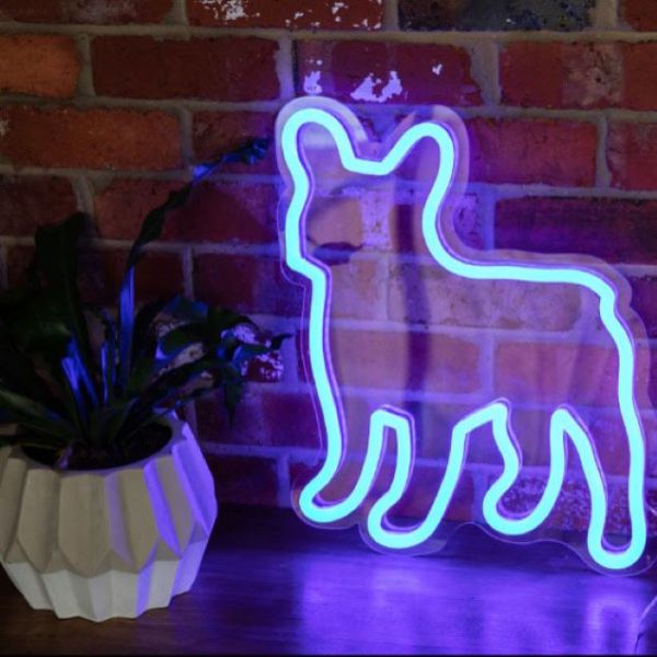 LED Neon Art - French Bulldog shown here in blue against an exposed brick wall - from Custom Neon®