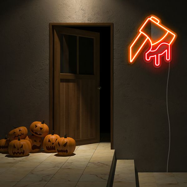 White & Red Light Up Bloody Axe on dark wall with spooky jack-o-lanterns - CUSTOM NEON® Halloween Decorations