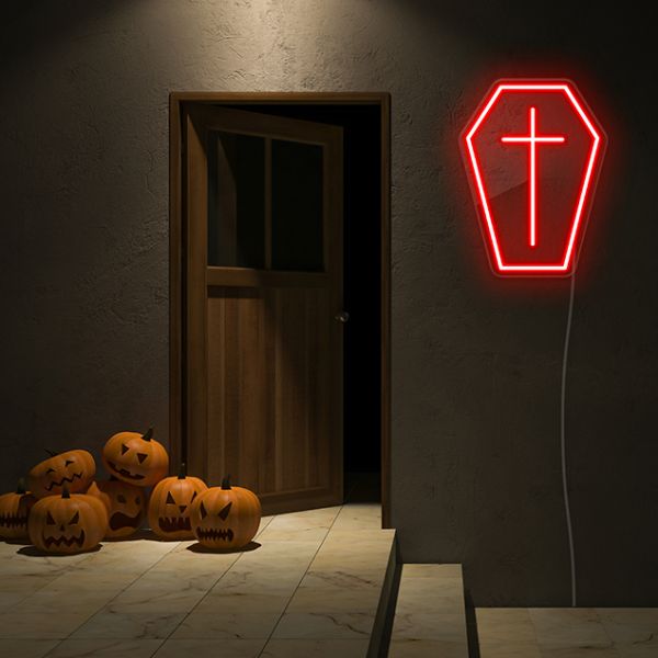 Red Light Up Coffin on dark wall with spooky jack-o-lanterns - CUSTOM NEON® Halloween Decorations