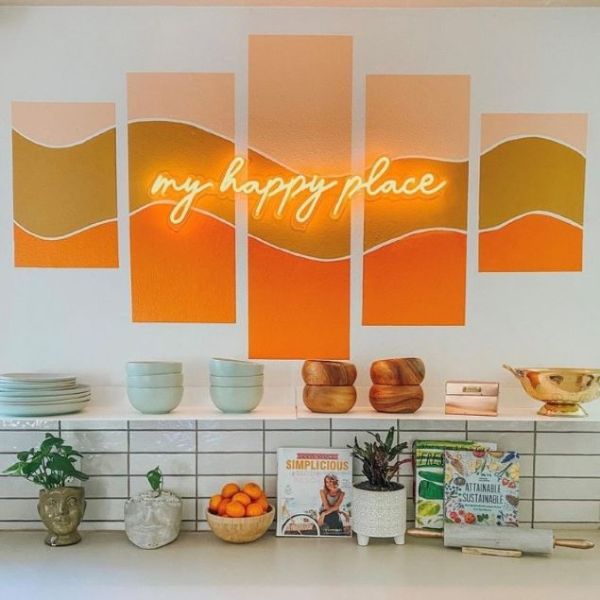 My Happy Place orange light sign styled on a feature wall - by Custom Neon®