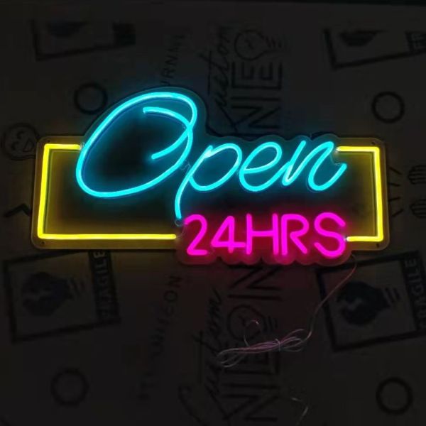Open 24HRS LED neon sign shown turned on - made by Custom Neon®