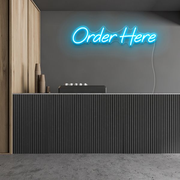 Order Here LED sign in light blue by CUSTOM NEON®