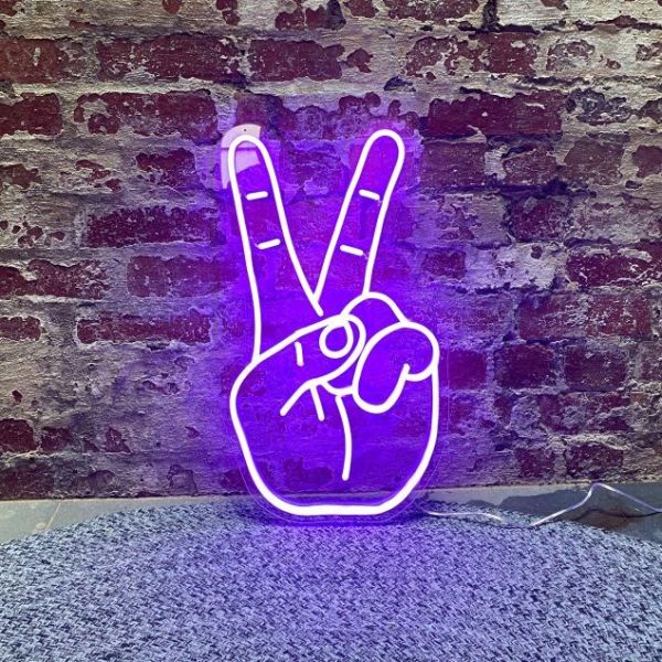 Peace hand LED neon light show in purple turned ON - from Custom Neon