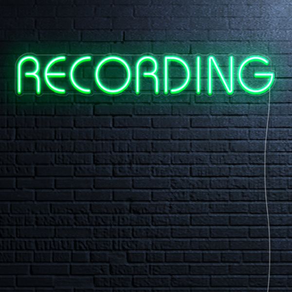 Dark green CUSTOM NEON® Recording sign on dark brick wall
