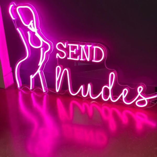 Send Nudes dark pink sexy light sign shown next to Custom Neon's Elegant Nude LED artwork
