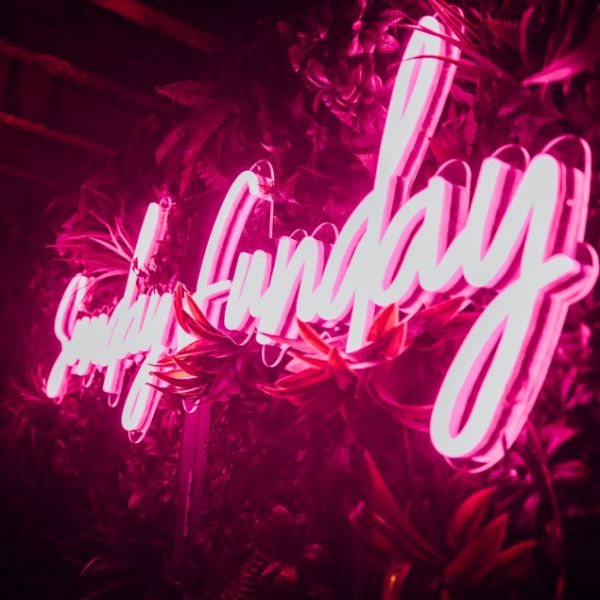 Sunday funday neon sign, shown in pink displayed on a green wall - photo from CustomNeon.co.uk
