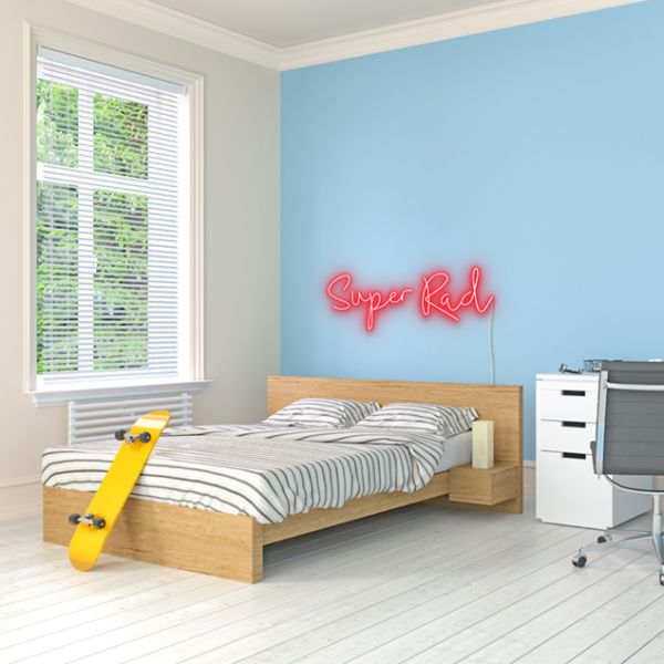 Super Rad Neon Sign Shown in a Teen Bedroom / Dorm Room by CUSTOM NEON®