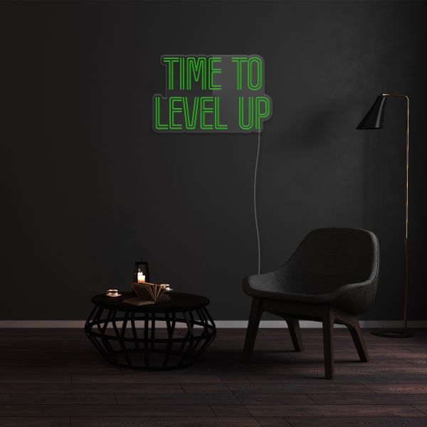 Time to Level up green LED neon sign shown turned off - by Custom Neon®