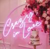 Crazy In Love Wedding Sign in brilliant LED neon flex shown in pink with wedding florals and cakes - photo from CustomNeon.com