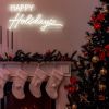 CUSTOM NEON® Happy Holidays light sign above the fireplace surrounded by Christmas decor