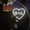 Personalised Heart Neon Sign in LED Flex with clear acrylic background displayed with balloons and wedding cake - photo from CustomNeon.co.uk