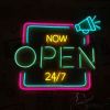 Now Open 24/7 LED neon sign in pink, blue, mint and yellow - made by Custom Neon®