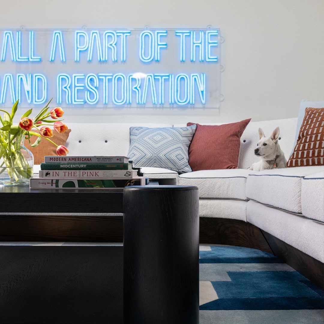 Blue Custom Neon® sign on white living room wall @bpatrickflynn