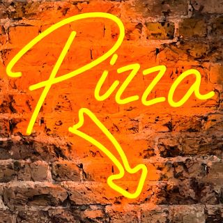 Custom Neon® orange directional PIZZA sign on brick wall  @bridgebaker