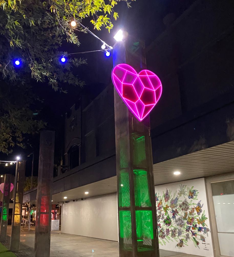 Pink Custom Neon® UV printed hearts in the entertainment district @cityofgreatergeeong