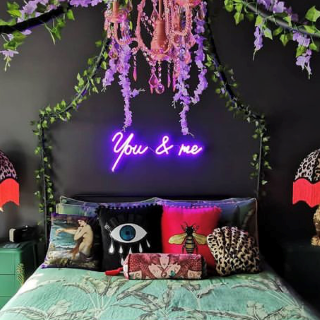 You & Me purple sign above bed made by Custom Neon® for @projectsfromwaltonroad