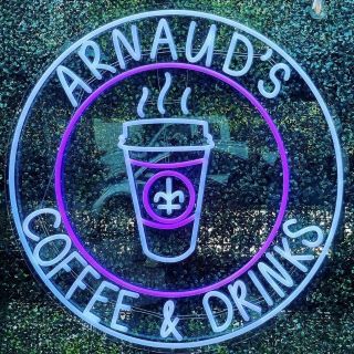 Purple & white outdoor logo sign @arnaudscoffee by Custom Neon® 