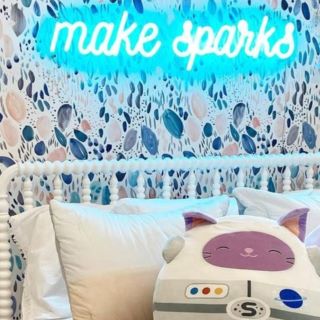 Light blue Custom Neon® girls bedroom sign on wallpaper @denafeintuchinteriors