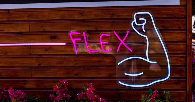 Custom Neon® Flex bodybuilding sign in the garden at the Love Island Australia Season 4 Villa