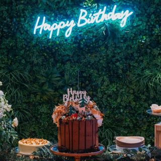 Custom Neon® Happy Birthday sign on a living green wall