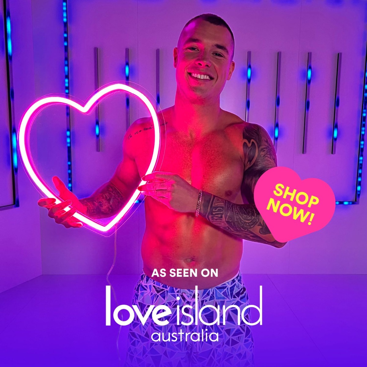 Custom Neon® Love heart modelled by Conor Howard - made for the Love Island Australia Merchandise Collection