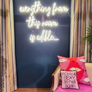 Bright white Everything in This Room is Edible  Custom Neon® quote sign for dining room @therathproject
