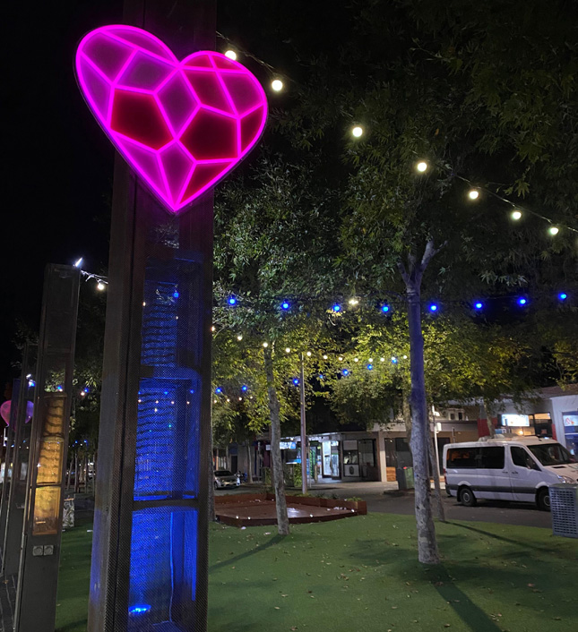 Pink Custom Neon® UV printed hearts in the entertainment district @cityofgreatergeeong