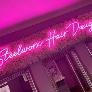 Pink Custom Neon® business name sign @steelworxhairdesign