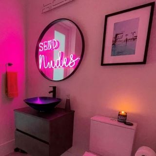 Custom Neon® Pink Send Nudes sign in restroom @laurenlycreative