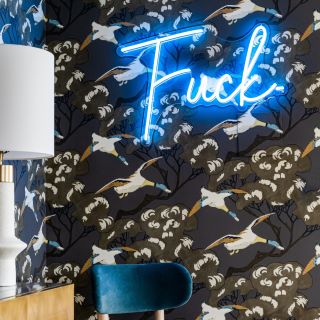 Custom Neon® tropical blue FUCK sign on duck patterned wallpaper @spinazzola_interiors photo@venjhaminreyesphotography
