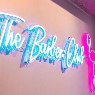 Custom Neon® blue company name sign and pink flamingo @thebarberclubmelbourne
