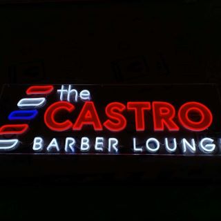 The Castro Barber Lounge red, white and blue Custom Neon® company logo sign @thecastrobarberlounge