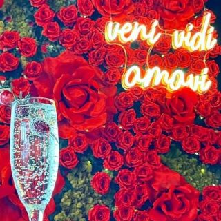 Custom Neon® Veni Vidi Amour sign on rose wall @piu_bella_pizza @floraloasis.nyc