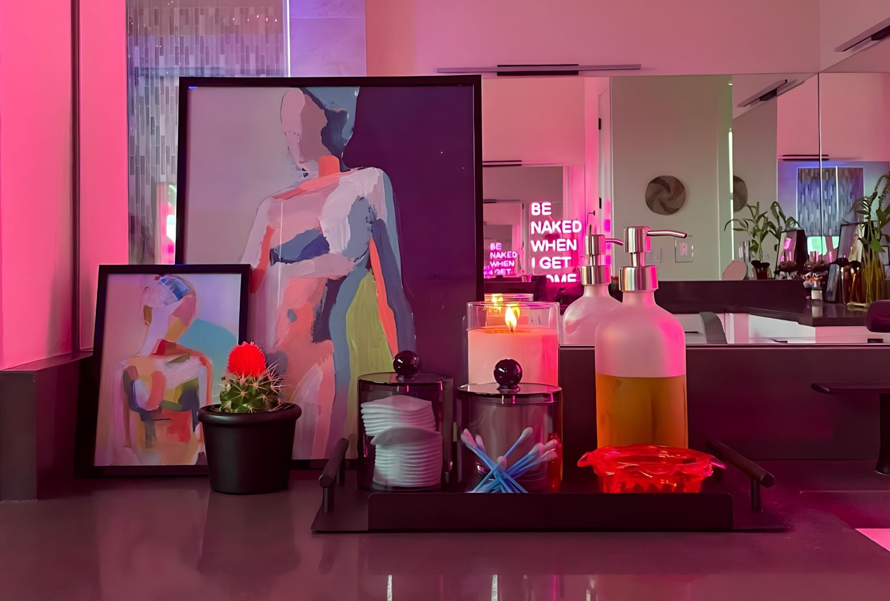 Be Naked When I Get Home Custom Neon® quote sign in a bathroom designed by @laurenlycreative