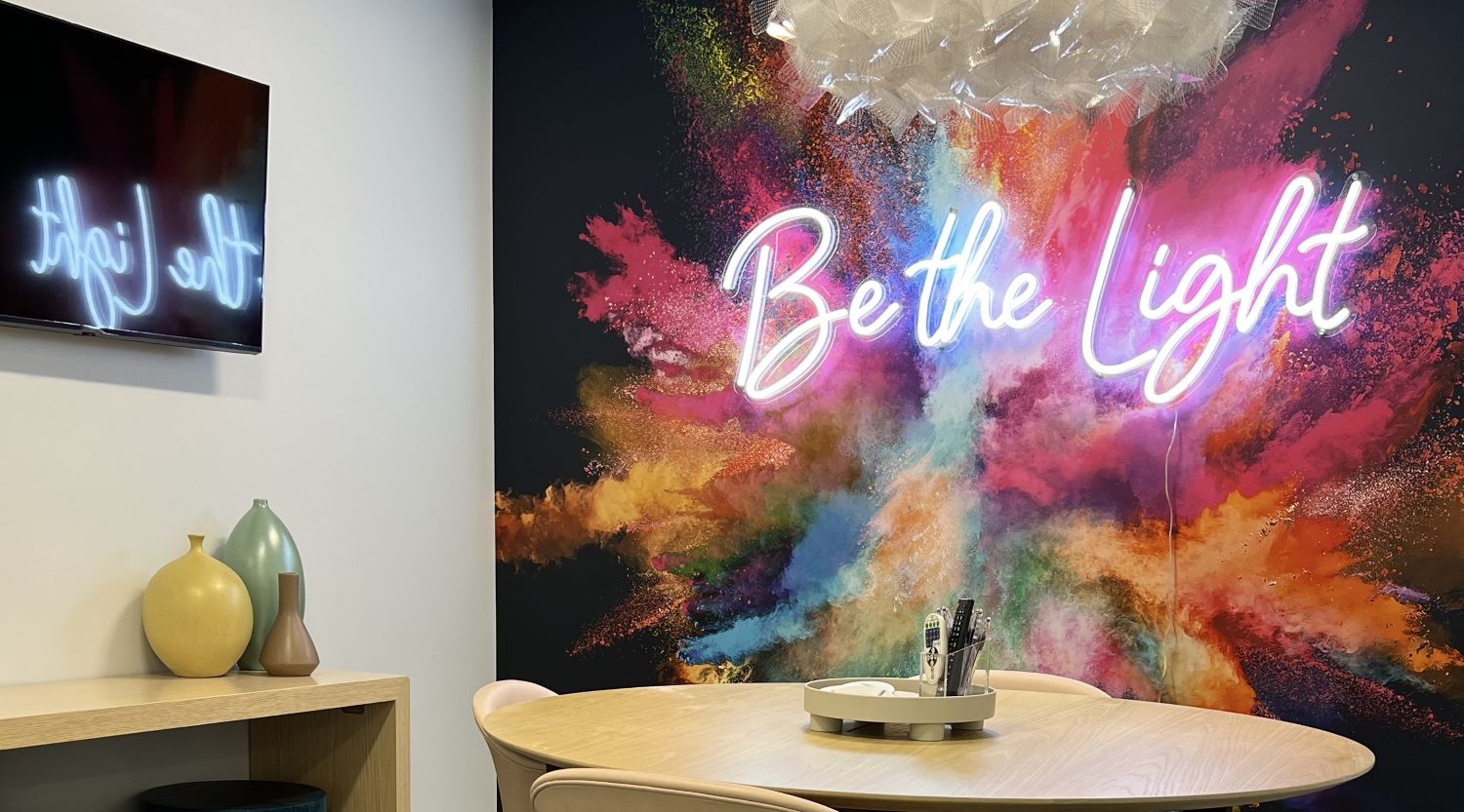 Custom Neon® pink Be the Light office sign @insight_global