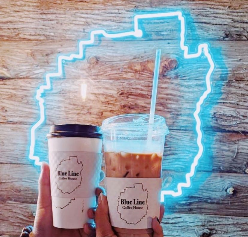 Custom Neon® blue line art logo for @bluelinecoffeehouse
