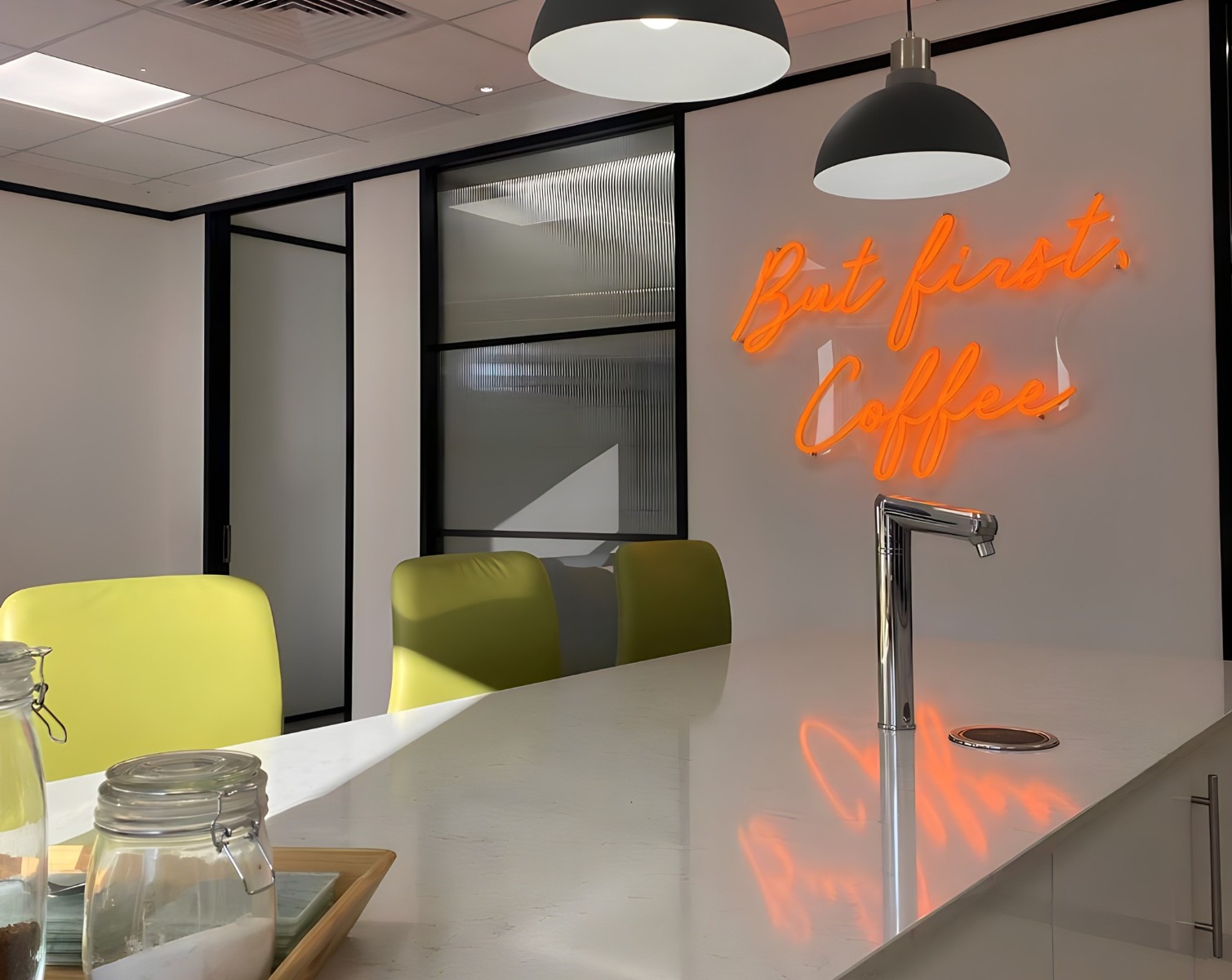 Custom Neon® But First Coffee orange office wall sign @ascotdesign @carasreflectivejournal