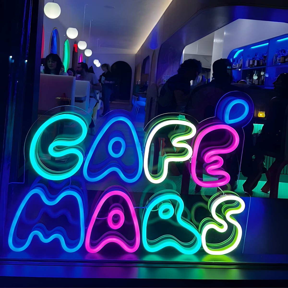 Multicolored Custom Neon® logo sign in the window @cafemarsbk