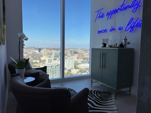 Dark blue Custom Neon® quote sign in apartment @carrielivingstondesign