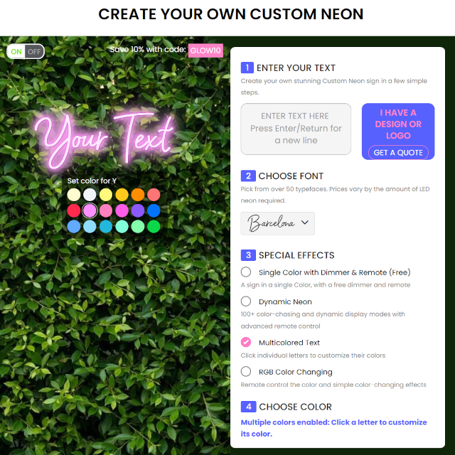 Custom Neon® online design tool showing the Multicolor option
