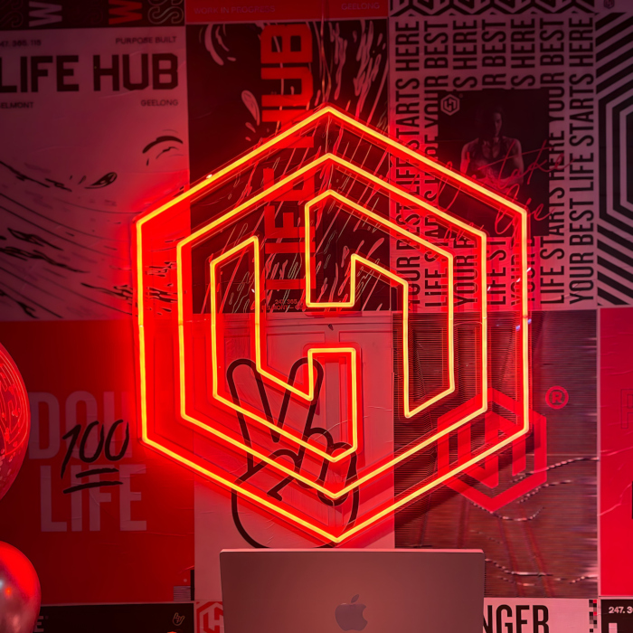 Red Custom Neon™ geometric logo made for @lifehubgeelong
