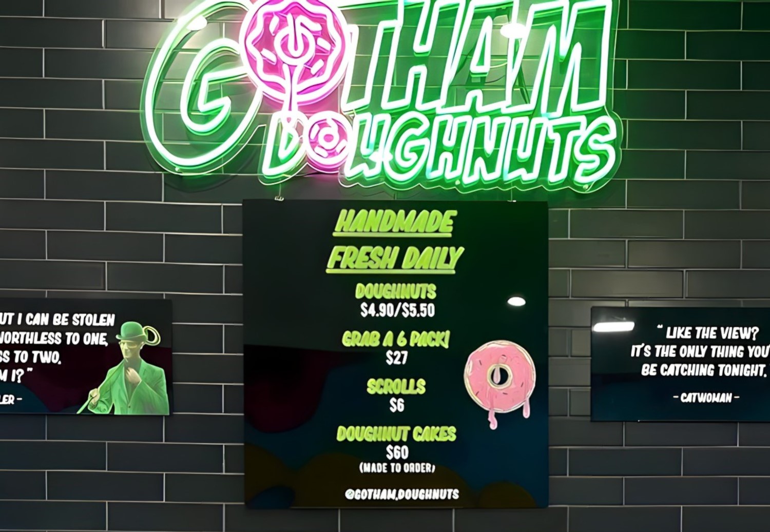Custom Neon® green and pink complementary colors sign made for @gotham.doughnuts