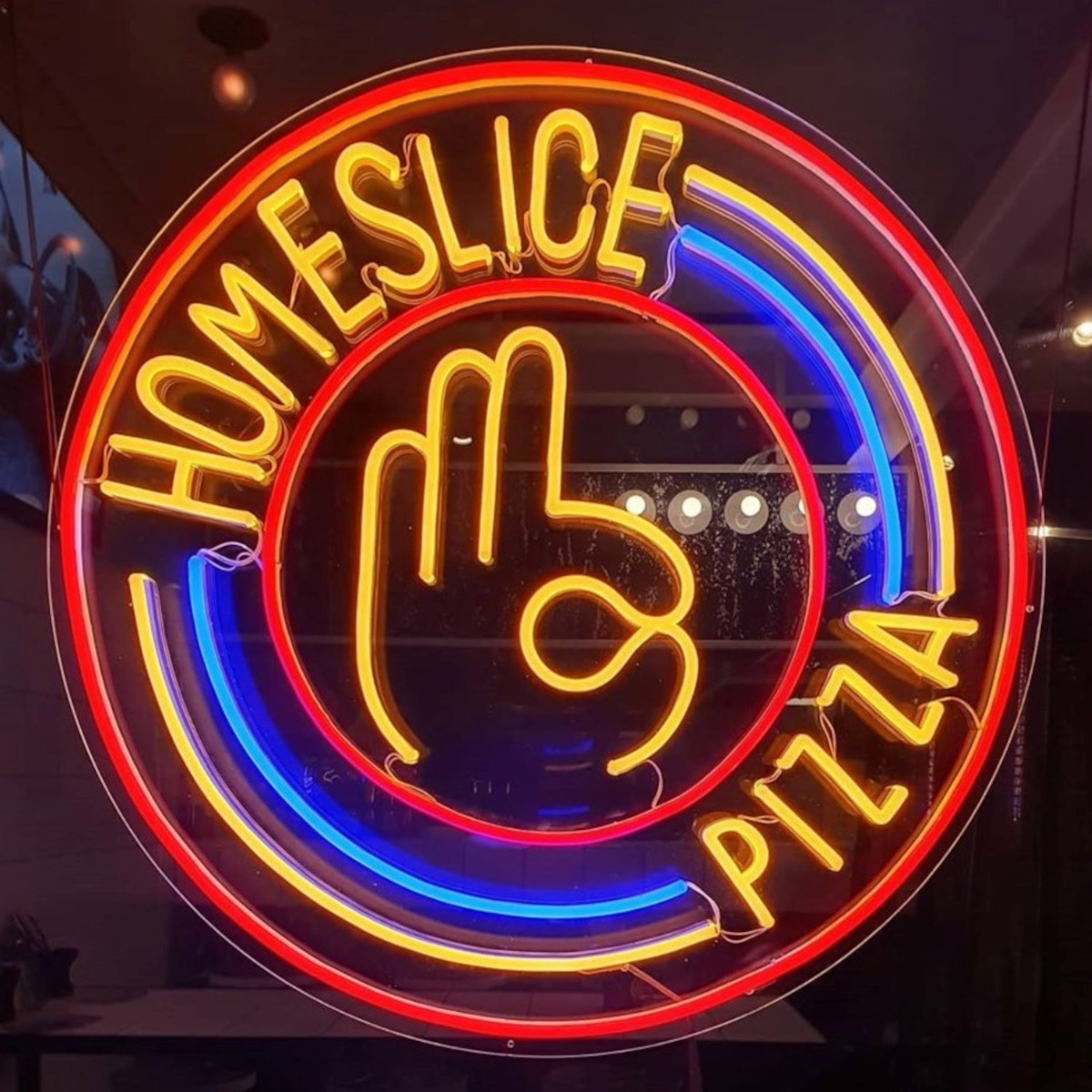 Custom Neon® red yellow and blue pizza takeout logo sign