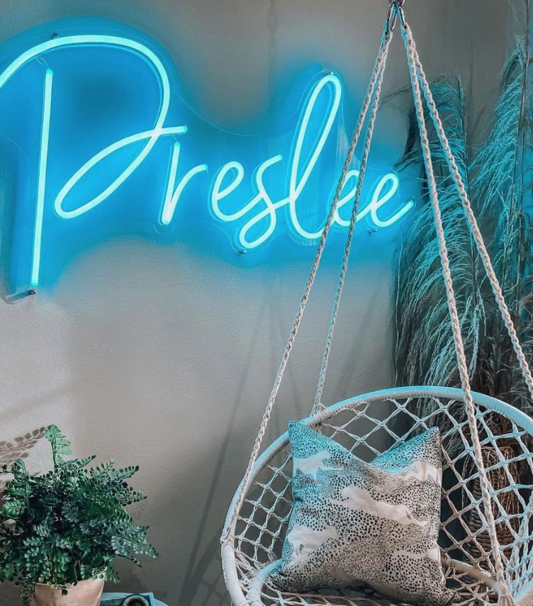 Custom Neon® Ice blue 'Preslee' name sign in bedroom @magenreaves
