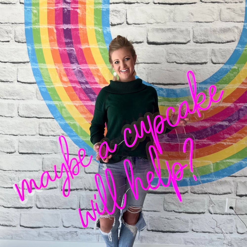 Custom Neon® quote sign on light grey brick wall @smallcakescupcakery @studioa28