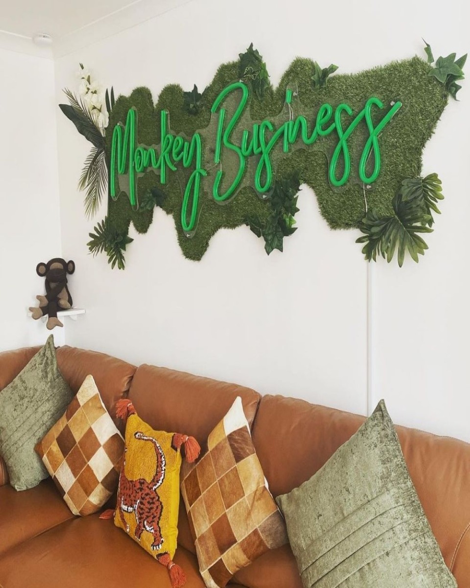 Custom Neon® green Monkey Business living room sign @firsthome.number2