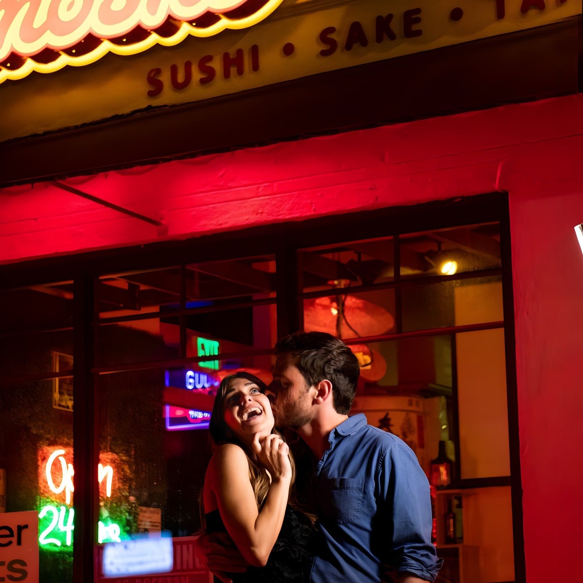Custom Neon® open 24hrs restaurant sign in the entrance of @moshimoshi.fun